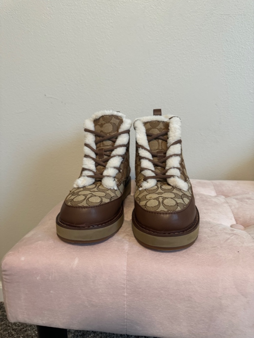 Coach Brown Signature Monogram Shearling Lace-Up Boots